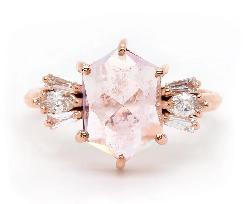 Women’s alternative engagement rings-Geometric Morganite Diamond Art Deco Rose Gold Ring