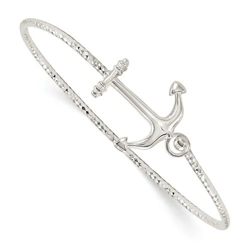 Women’s charm bracelets-Sterling Silver Diamond Cut Anchor Interlocking Bangle Bracelet