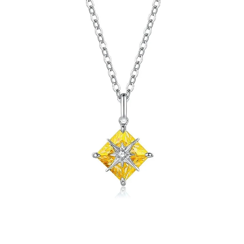 Women’s multi-layer necklaces-FANCIME "Princess Dream" Yellow Citrine November Square Gemstone Sterling Silver Necklace