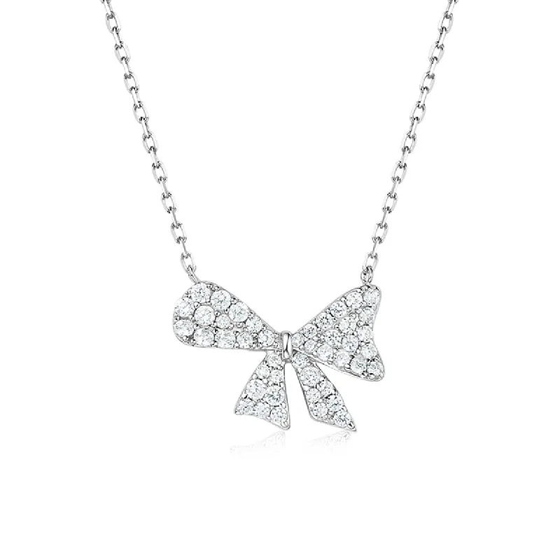 Women’s gemstone pendant necklaces-FANCIME "Sweet Pea" Bowtie Design White CZ Sterling Silver Necklace