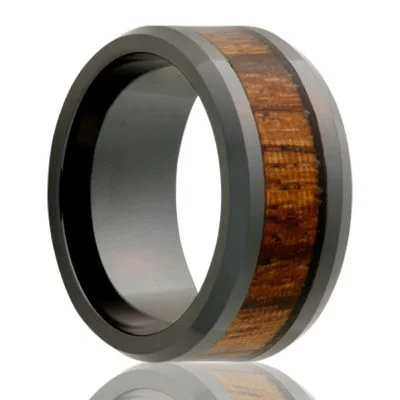 Women’s gold engagement rings-Black Diamond Ceramic Ring with Zebra Wood Inlay