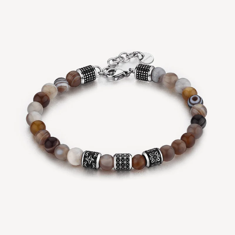 Women’s gold bangles-Botswana Agate Bead Bracelet in Stainless Steel