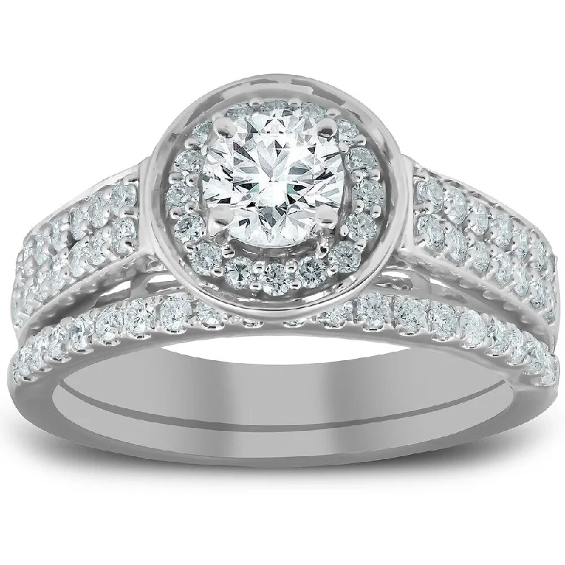 Women’s solitaire engagement rings-Pompeii3 10k White Gold 1 1/4 Ct TDW Halo Diamond Engagement Ring Matching Wedding Band Set