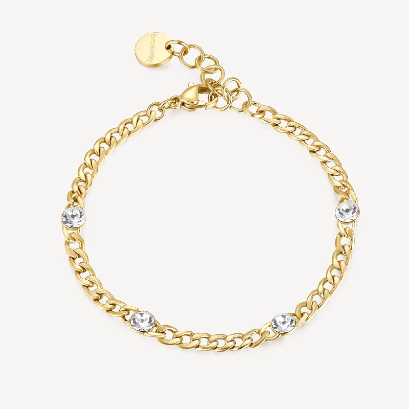 Women’s silver cuff bracelets-Curb Chain Bracelet with Crystal Stations in Gold Plated Stainless Steel