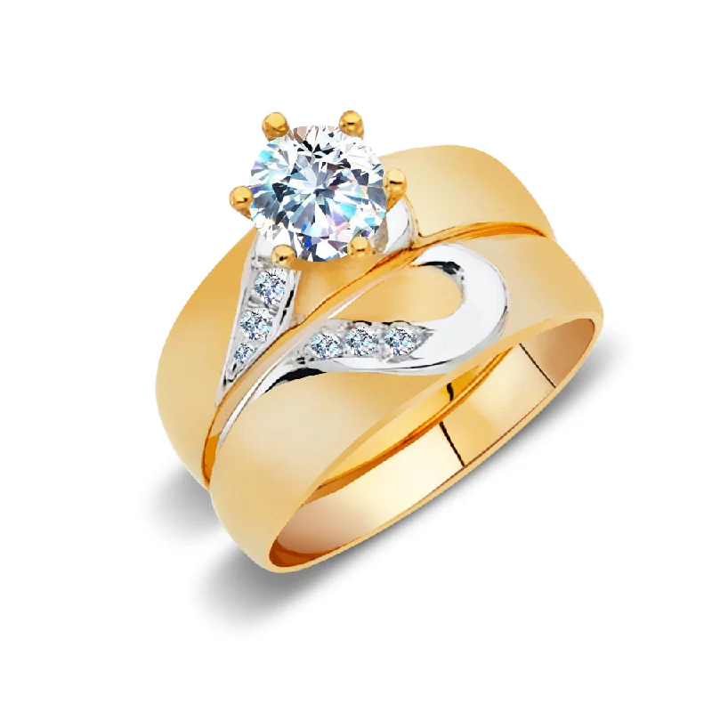 Women’s engagement rings with colored diamonds-14K Solid Gold Two Tone CZ Wedding Engagement Ring 2 Piece Bridal Set