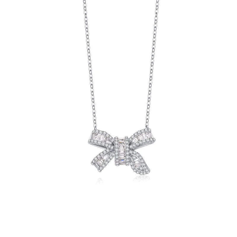 Women’s designer necklaces-FANCIME "Honey Doll" Bow White CZ Sterling Silver Necklace