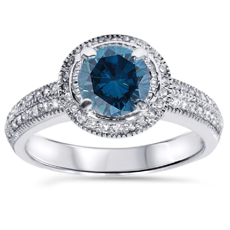 Women’s white diamond engagement rings-14k White Gold 1 1/3ct TDW Blue and White Diamond Vintage Halo Engagement Ring