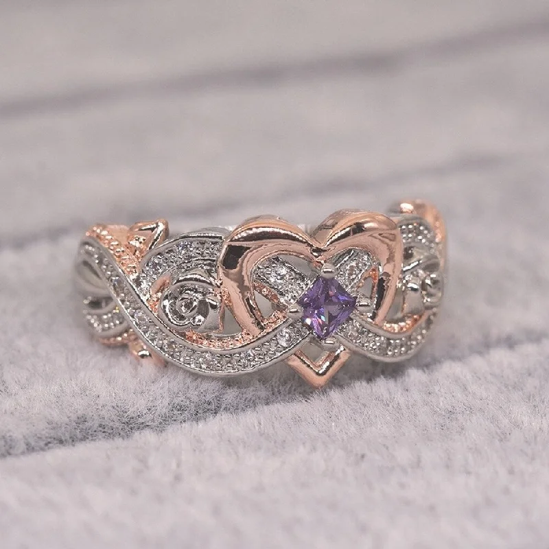 Women’s forever engagement rings-Fashion Women Faux Amethyst Heart Wedding Engagement Floral Ring Jewelry Gift