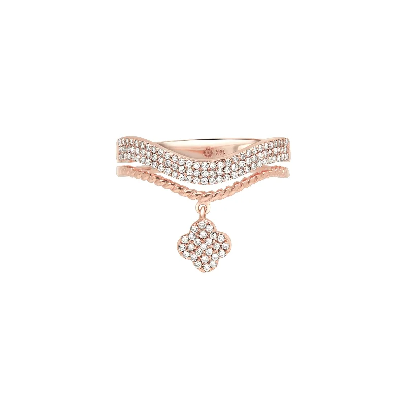 Women’s gold engagement rings-Diamond Pavé Studded Clover Drop Cable Ring