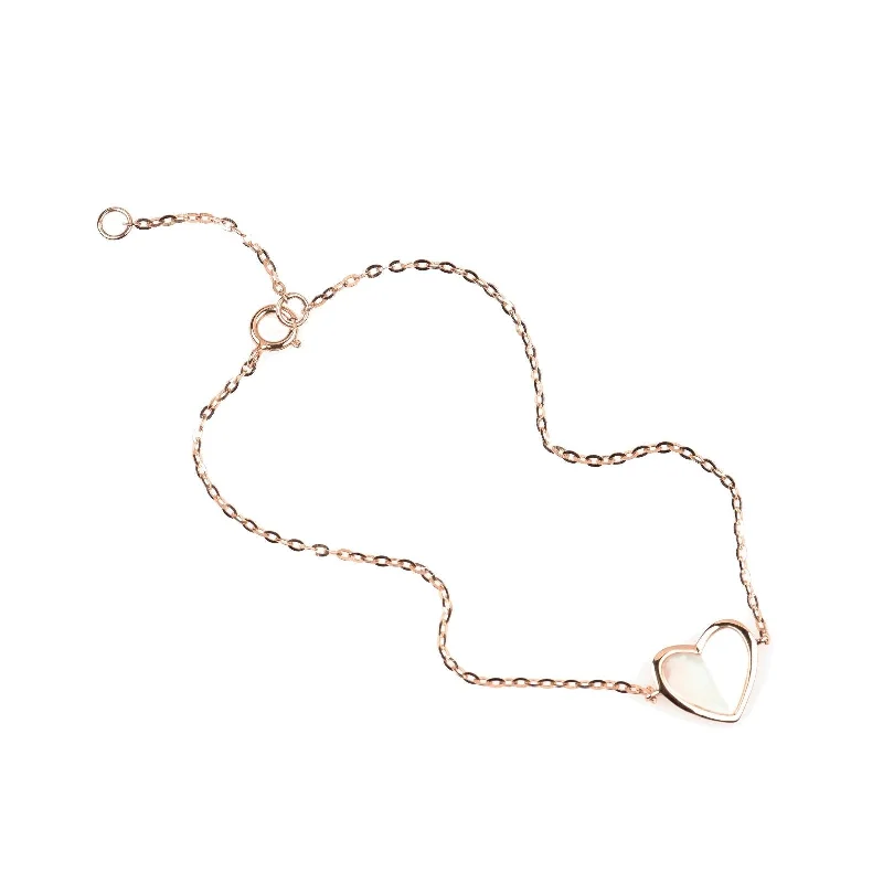 Women’s tennis bracelets-Mother of Pearl Heart Station Bracelet  Bezel