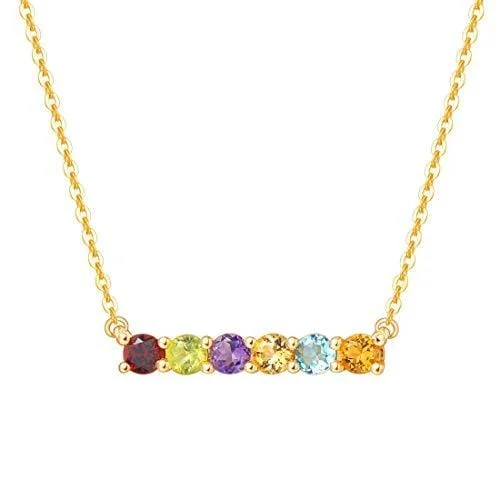 Women’s ruby necklaces-FANCIME "Star Bar" Multicolored Gemstone Bar 14K Yellow Gold Necklace