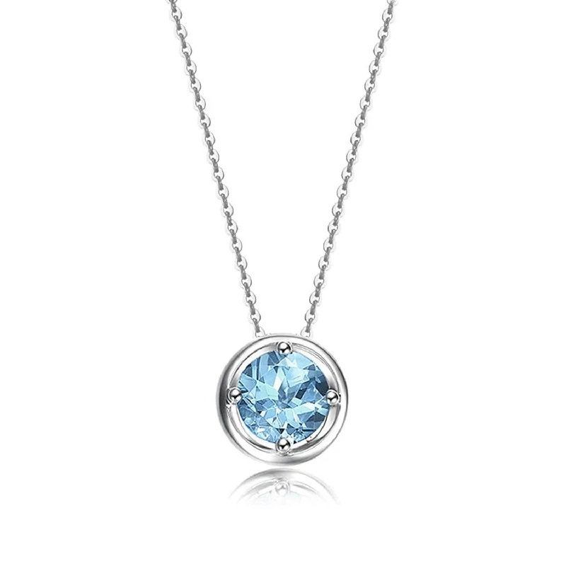 Women’s necklace with initials-FANCIME Round Blue Topaz 14K White Gold Necklace