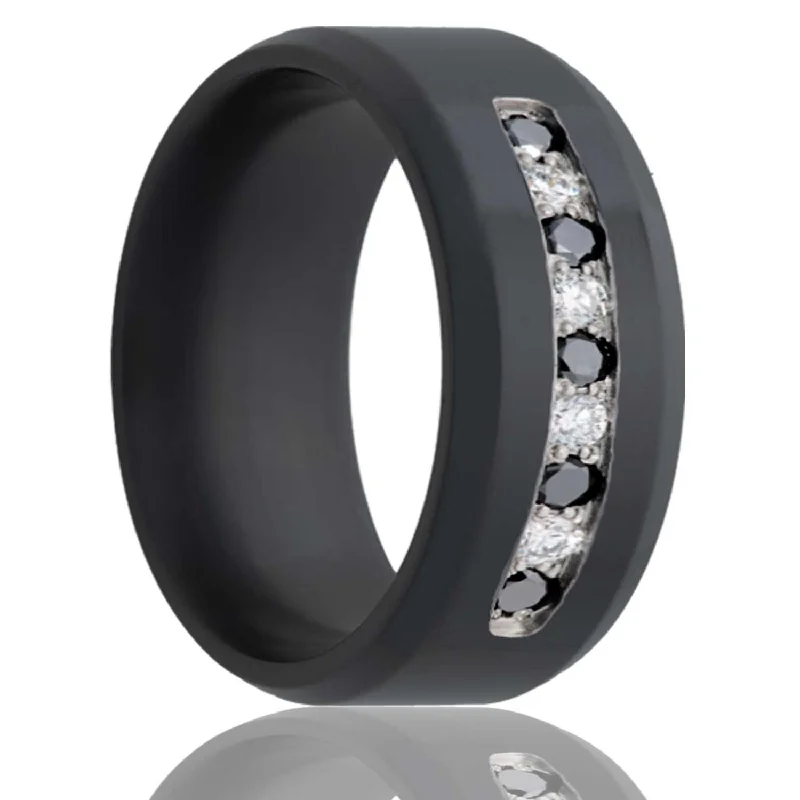 Women’s floral engagement rings-Black and White Diamond Black Zirconium Ring