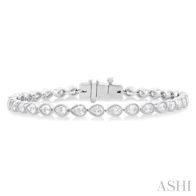 Women’s custom bracelets-3 1/4 Ctw East-West Bezel Set Pear Cut Diamond Tennis Bracelet in 14K White Gold