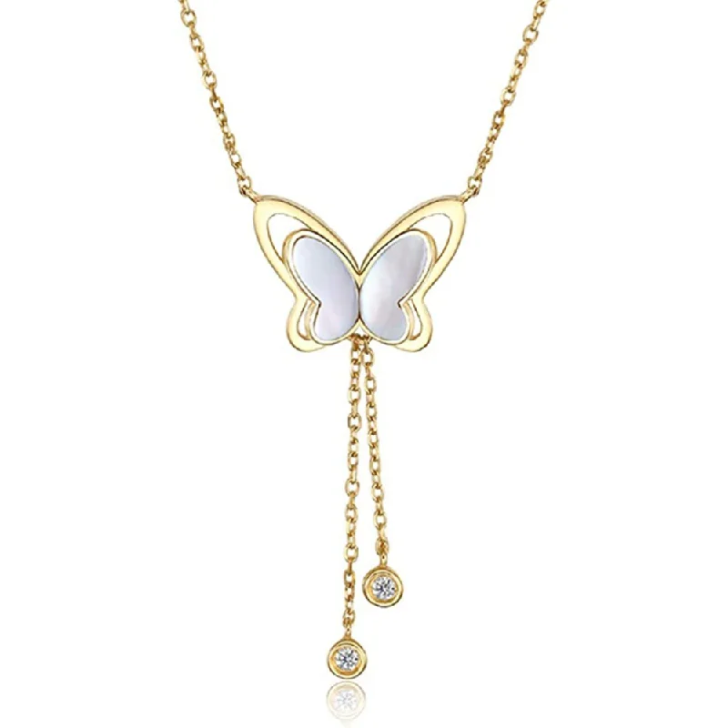 Women’s layering necklaces-FANCIME "Twinkling Fairy Pearl" Butterfly Drop Dangling 14K Yellow Gold Necklace