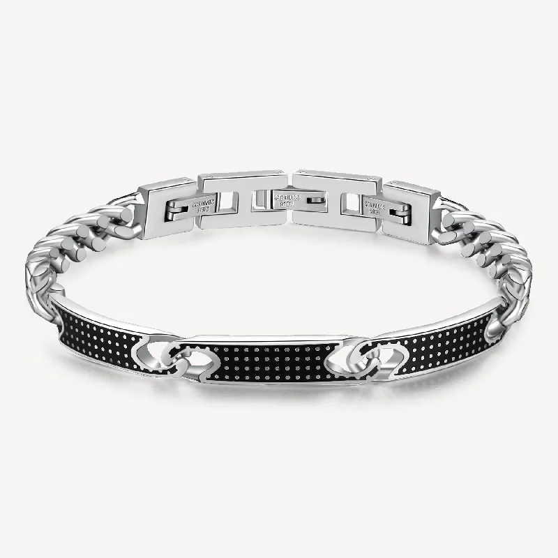 Women’s statement bracelets-Black Enamel Link Bracelet in Stainless Steel