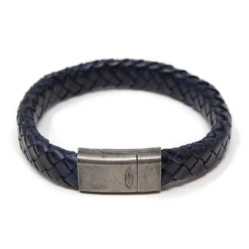 Women’s sterling silver stackable bracelets-Navy Braided Leather Bracelet W Antique Silver Clasp