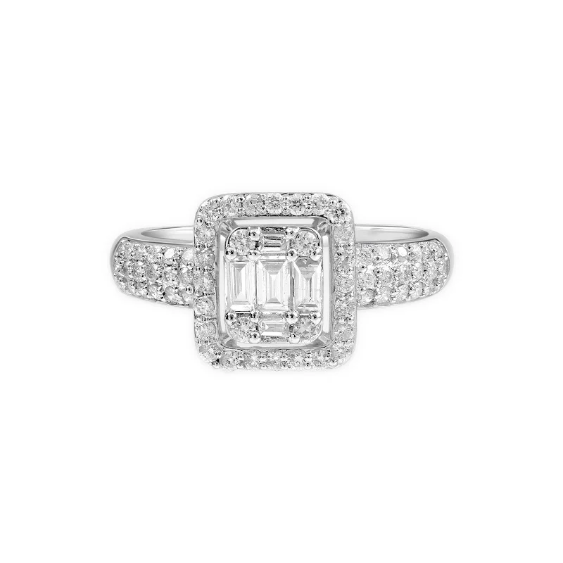 Women’s vintage engagement rings-Diamond Baguette with Halo Ring 18k