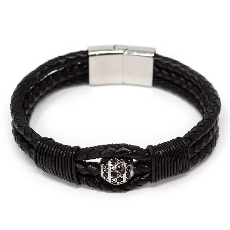 Women’s sterling silver bangles-Black Leather Stainless Steel Black CubicZirconia Bead Bracelet