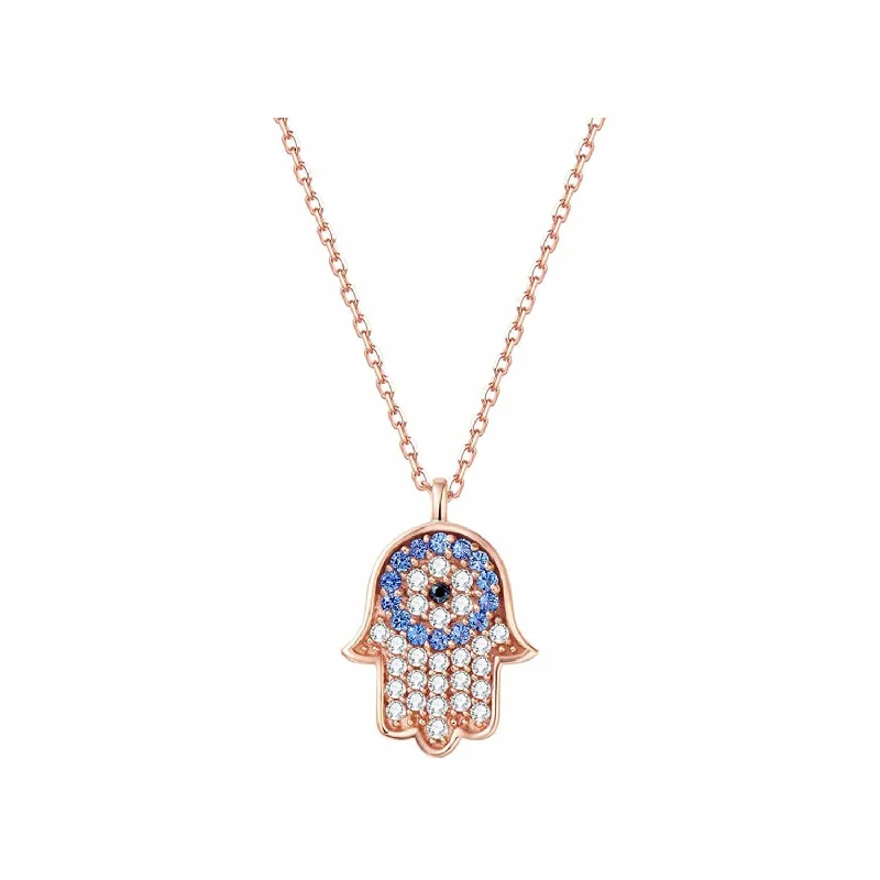 Women’s gold necklaces-Pave Gemstone 14K Rose Gold Hamsa Blue And White Pendant Necklace