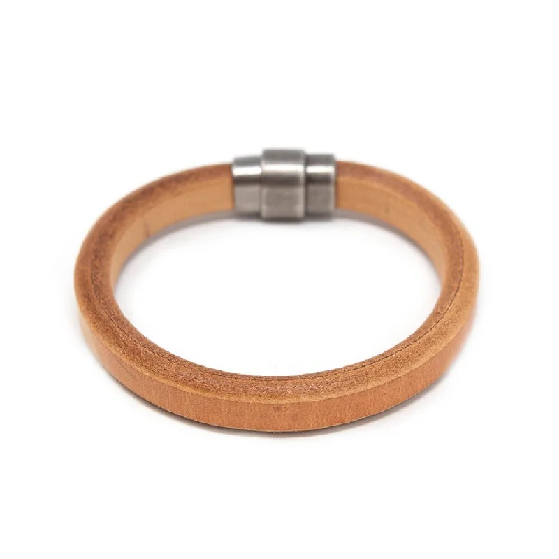 Women’s personalized bracelets-Plain Leather Bracelet with Antique Silver Clasp Camel Medium