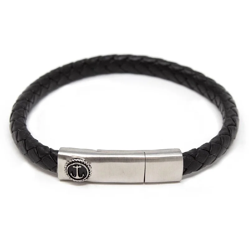 Women’s stackable bracelets-Stainless Steel Black Braided Leather Bracelet with Anchor