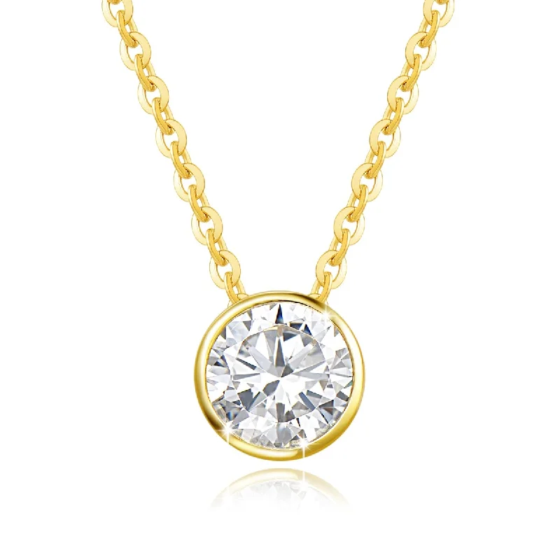 Women’s simple chain necklaces-FANCIME Moissanite Bezel Set Solitaire 14K Yellow Gold Necklace