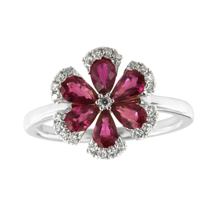 Women’s modern engagement rings-Ruby and Diamond Flower Ring