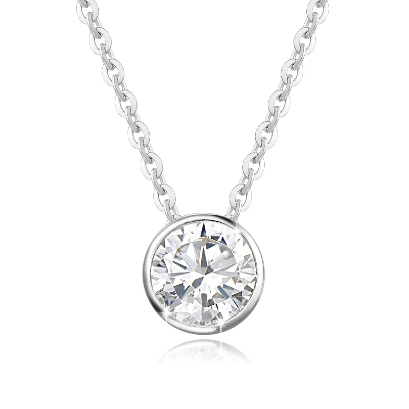 Women’s opal necklaces-14K White Gold ONE Carat Moissanite Bezel Set Solitaire Pendant Necklace, 16+2 INCH