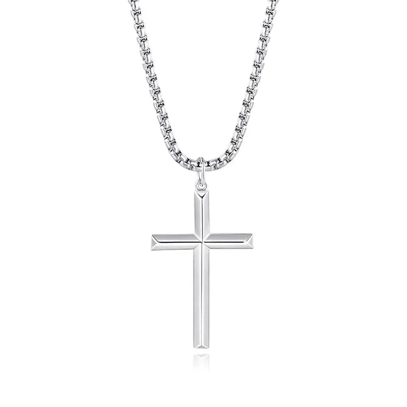 Women’s charm necklaces-FANCIME Mens Beveled Cross Sterling Silver Necklace