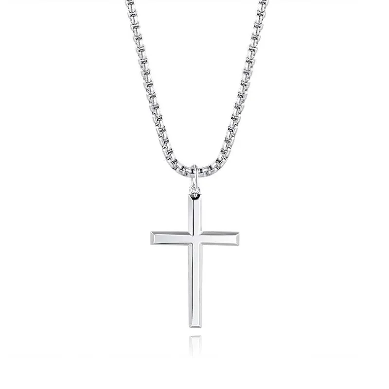 Women’s heart-shaped necklaces-FANCIME Mens Plain Polished Cross Sterling Silver Necklace