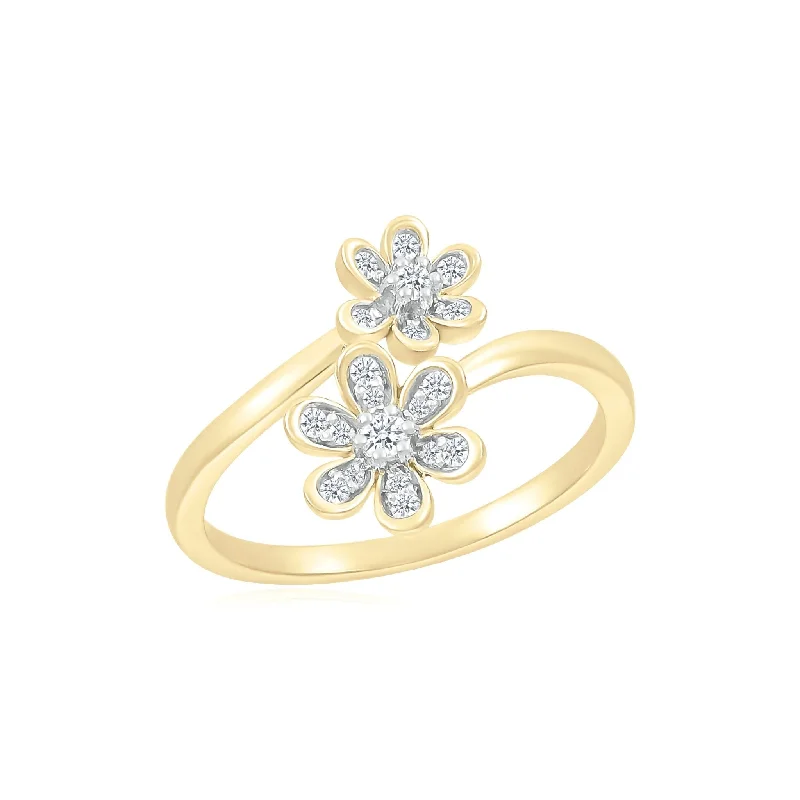 Women’s forever engagement rings-Bezel Set Diamond Double Flower Toi et Moi Ring