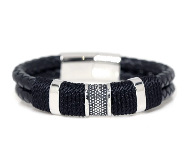 Women’s leather bracelets-Stainless Steel Black Braided Leather Bracelet