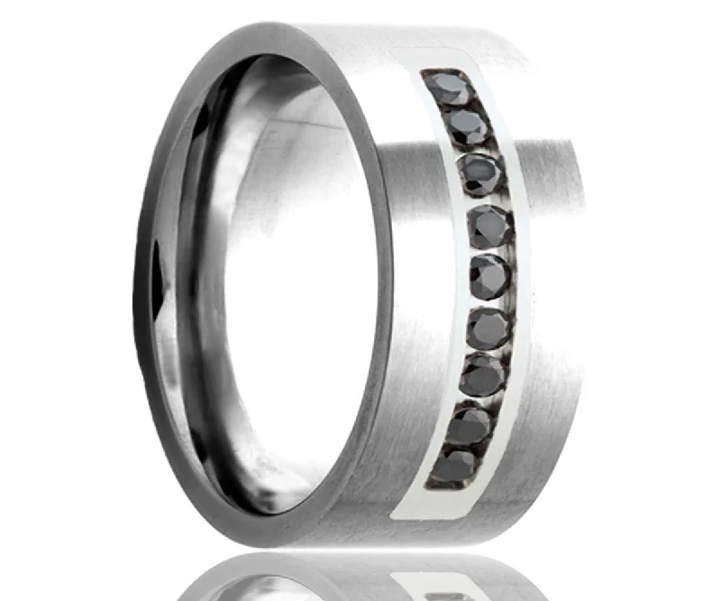 Women’s engagement rings with matching bands-Cobalt Black Diamond & Palladium Inlay Flat Edge Ring