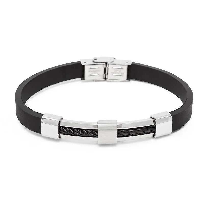 Women’s luxury pearl bracelets-Stainless Steel Rubber Bracelet Hematita Cable Black