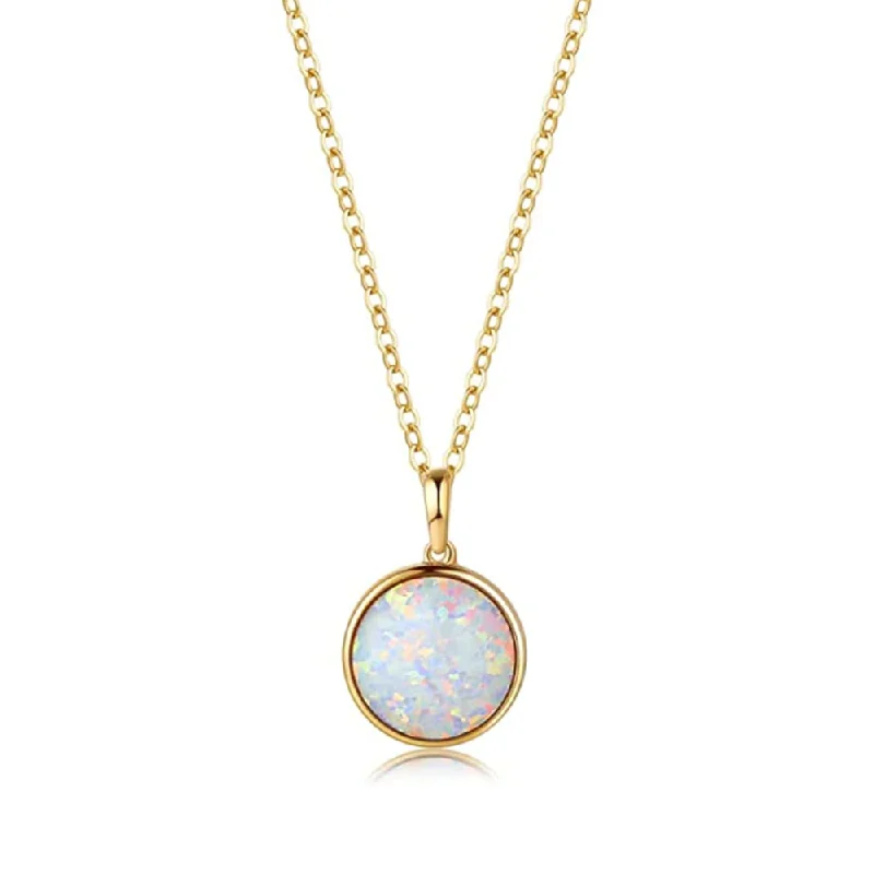 Women’s silver birthstone necklaces-FANCIME Created White Opal Round14K Real Yellow Gold Necklace