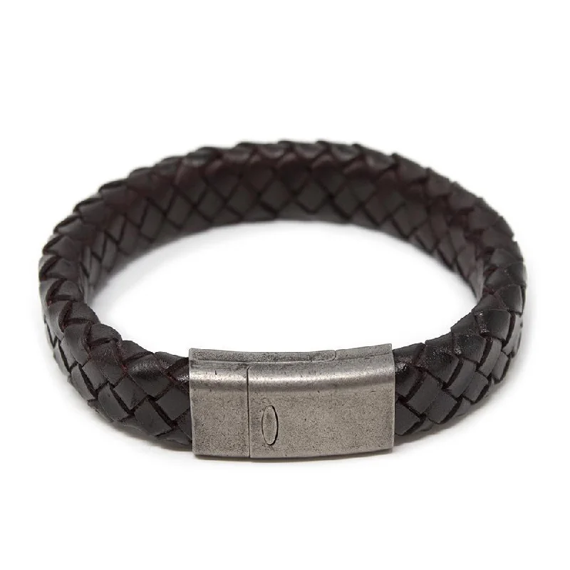 Women’s engraved cuff bracelets-Dark Bn Braided Leather Bracelet W Antique Silver Clasp