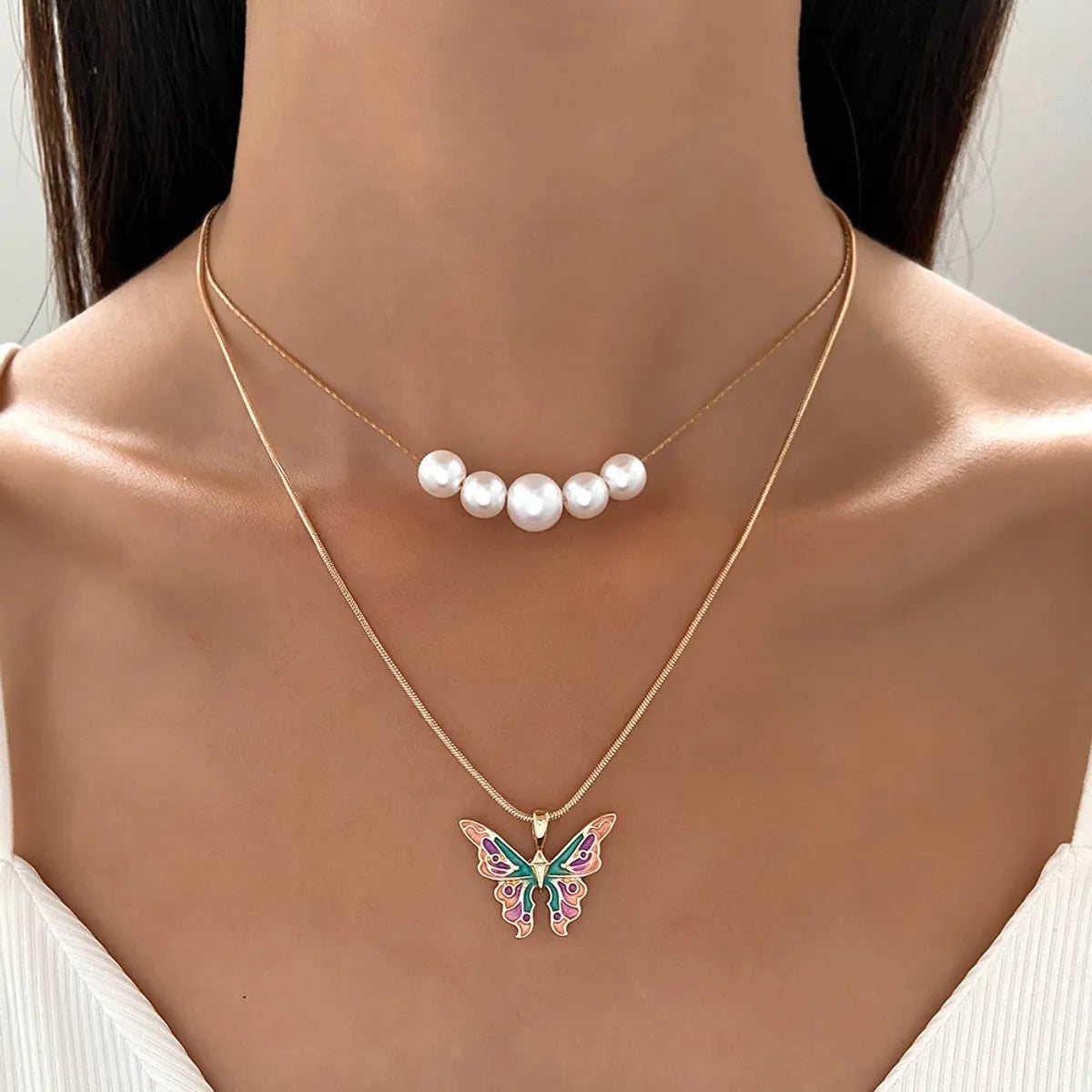 Women’s vintage necklaces-Fashion Butterfly Alloy Enamel Plating Artificial Pearls Women's Layered Necklaces 1 Piece