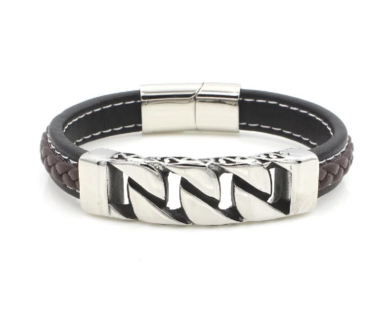 Women’s custom bracelets-Stainless Steel Accent Braided Leather Bracelet