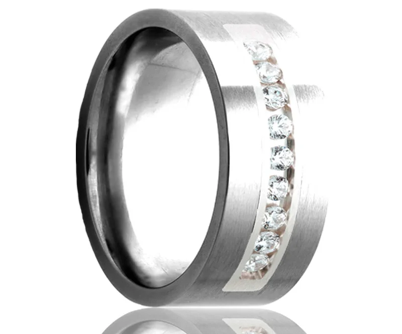 Women’s stacked engagement rings-Cobalt Diamond & Palladium Inlay Flat Edge Ring