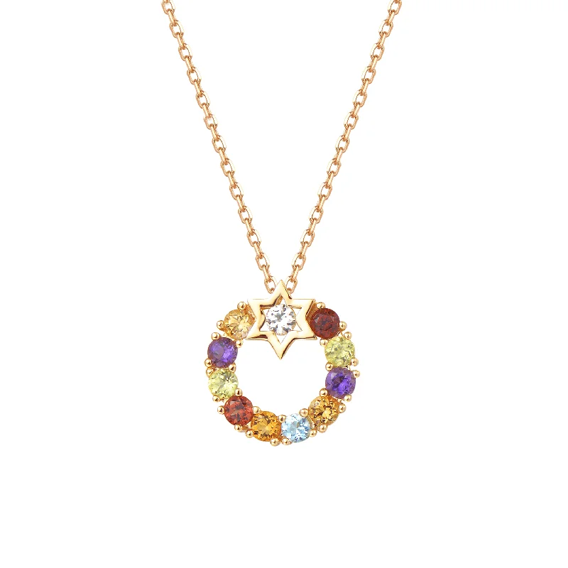 Women’s lock pendant necklaces-FANCIME "Starry Circle" Multi Gemstone Round 14K Yellow Gold Necklace