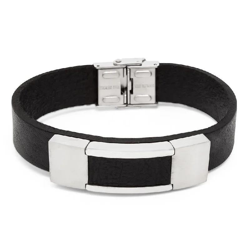 Women’s moonstone bracelets-Stainless Steel Black Leather Fliplock Bracelet