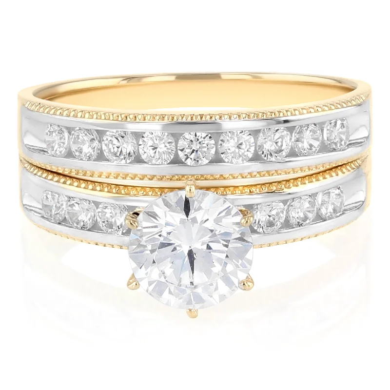 Women’s white diamond engagement rings-14K Solid Gold Two Tone CZ Wedding Engagement Ring 2 Piece Bridal Set