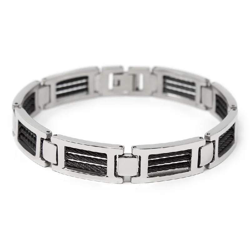 Women’s gold plated bracelets-Men's Stainless Steel Black Cable Inlay Link Bracelet