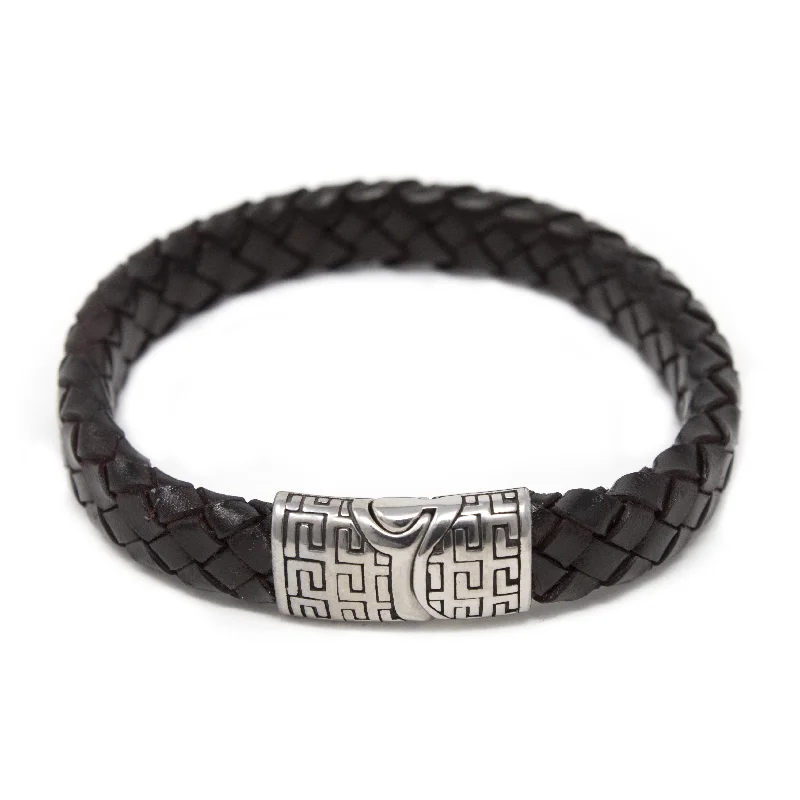 Women’s vintage tennis bracelets-Dark Bn Braided Leather Bracelet W Greek Clasp Silver T