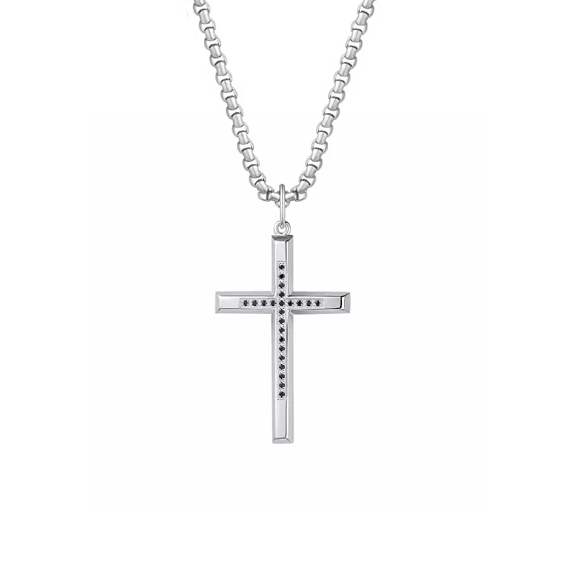 Women’s diamond necklaces for women-Fancime Mens Sterling Silver & Black Stone Cross Pendant Necklace 24 Inches