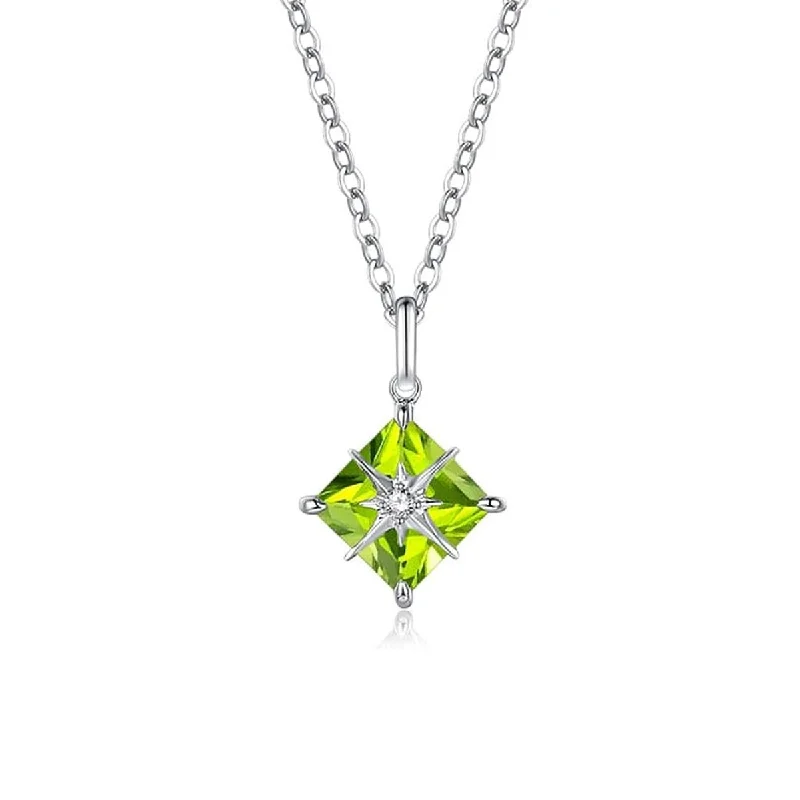 Women’s wedding necklaces-FANCIME "Princess Dream" Peridot August Square Gemstone Sterling Silver Necklace