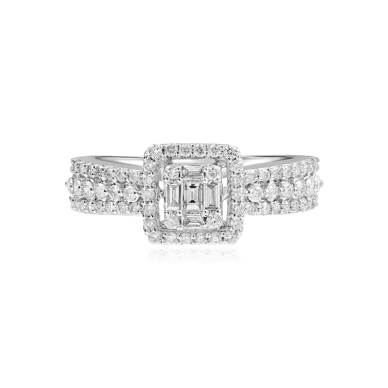 Women’s unique gemstone engagement rings-Baguette Halo Diamond with Triple Row Band