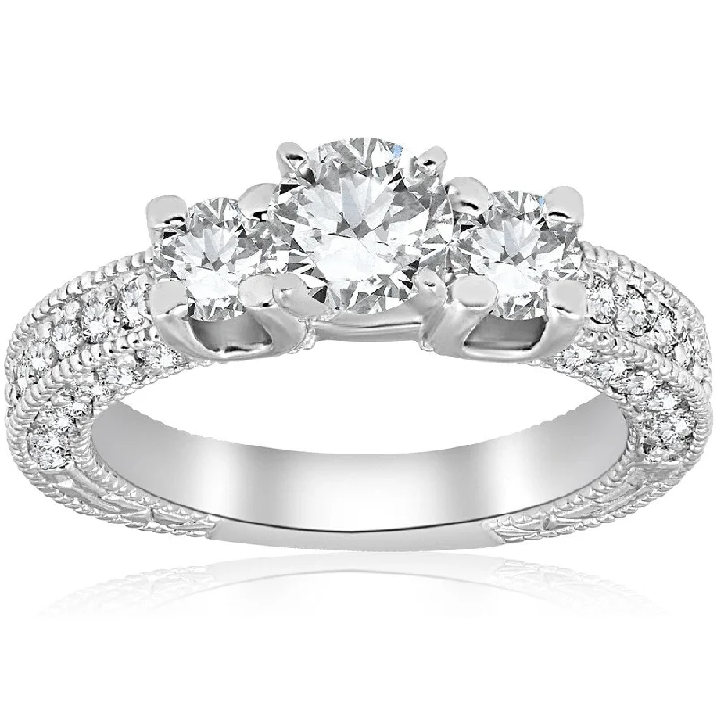 Women’s diamond engagement rings with custom design-Pompeii3 14K White Gold 2 ct TDW Diamond Clarity Enhanced Three Stone Vintage Engagement Ring (G-H/SI1-SI2)