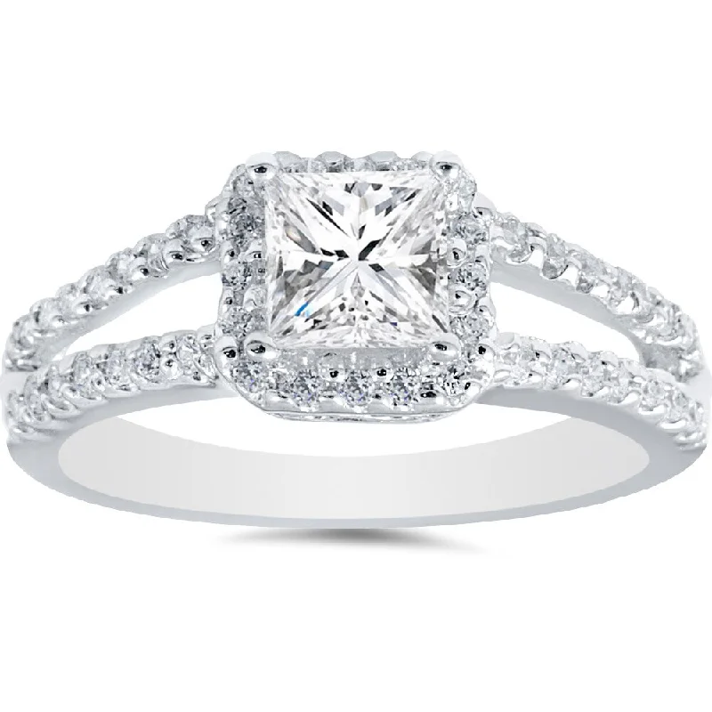 Women’s alternative diamond engagement rings-14k White Gold 1ct TDW Princess Diamond Halo Split Shank Engagement Ring